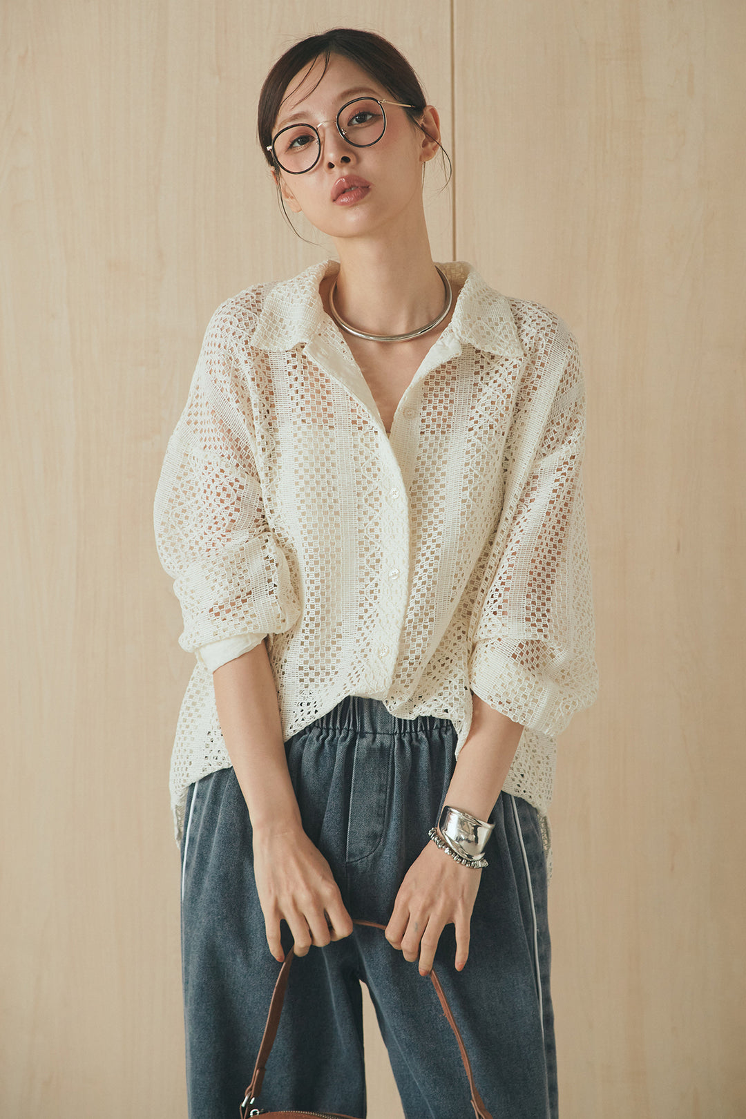 [SET]長袖襟付きレースシャツ+ドロストサイドラインデニムパンツ(2set)