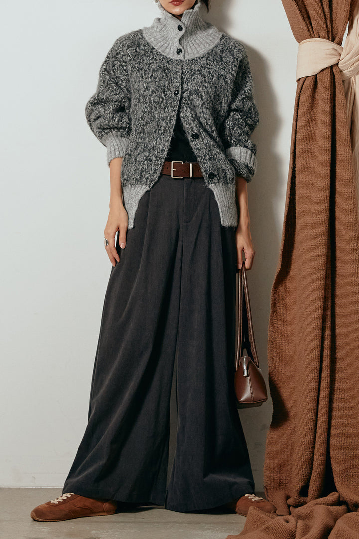 [SET]ハイネックミックスニットトップス+太ベルト付きコーデュロイタックパンツ(2set)