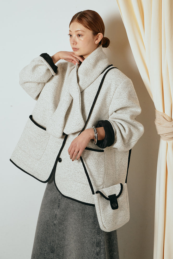 [SET]ノーカラーマフラーバッグ付きアウター+デニムロングフレアスカート(2set)