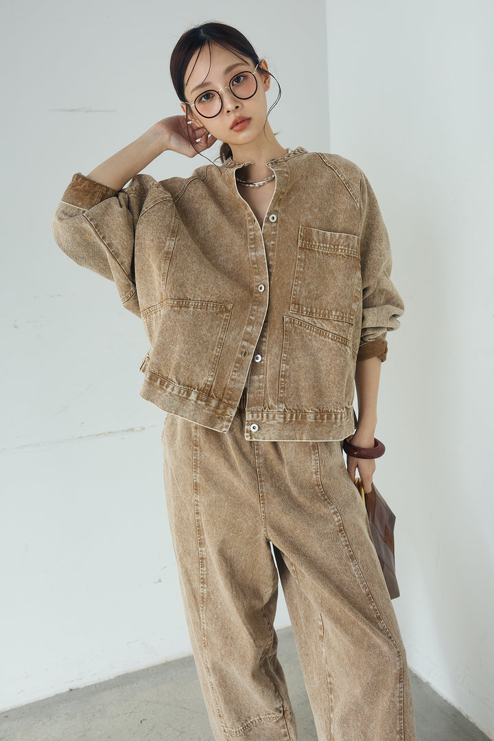 [SET]カラーデニムケミカル加工ノーカラーブルゾン+カラーデニムケミカル加工コクーンパンツ(2set)