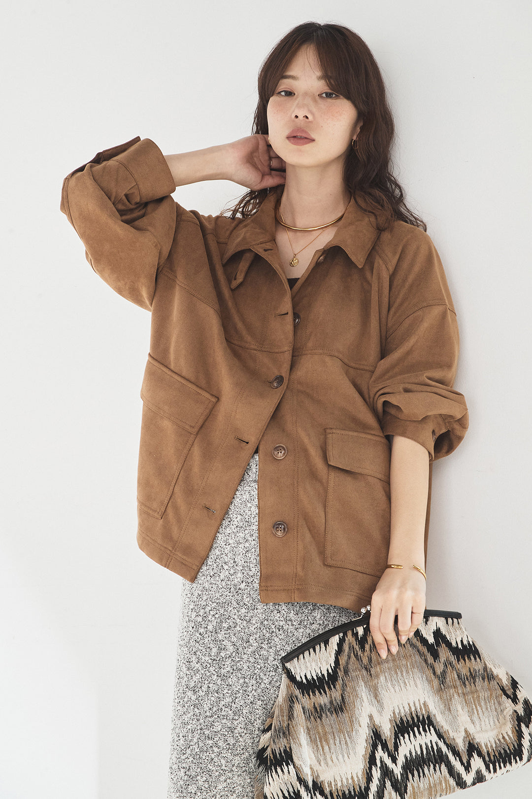 [SET]デカポケスエポンジャケット+ツイード風MIXスラブスカート(2set)