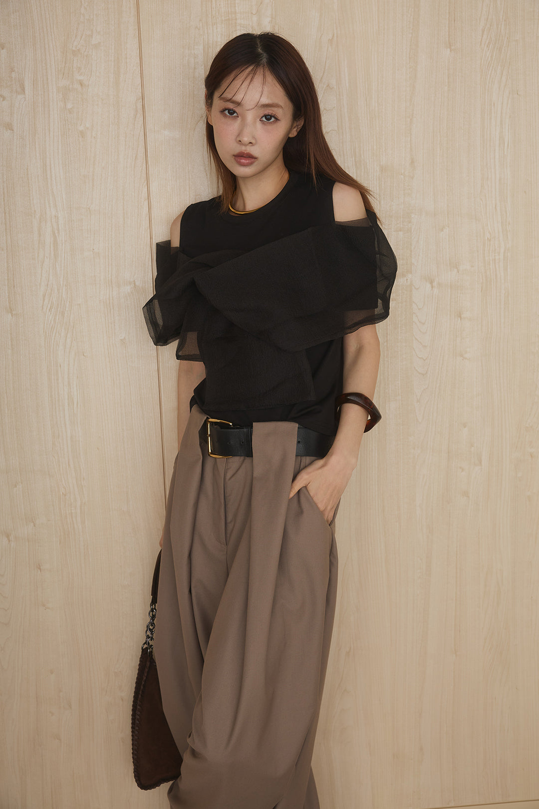 [SET]シアーレイヤーデザインカットソー+ベルトループワイドパンツ(2set)