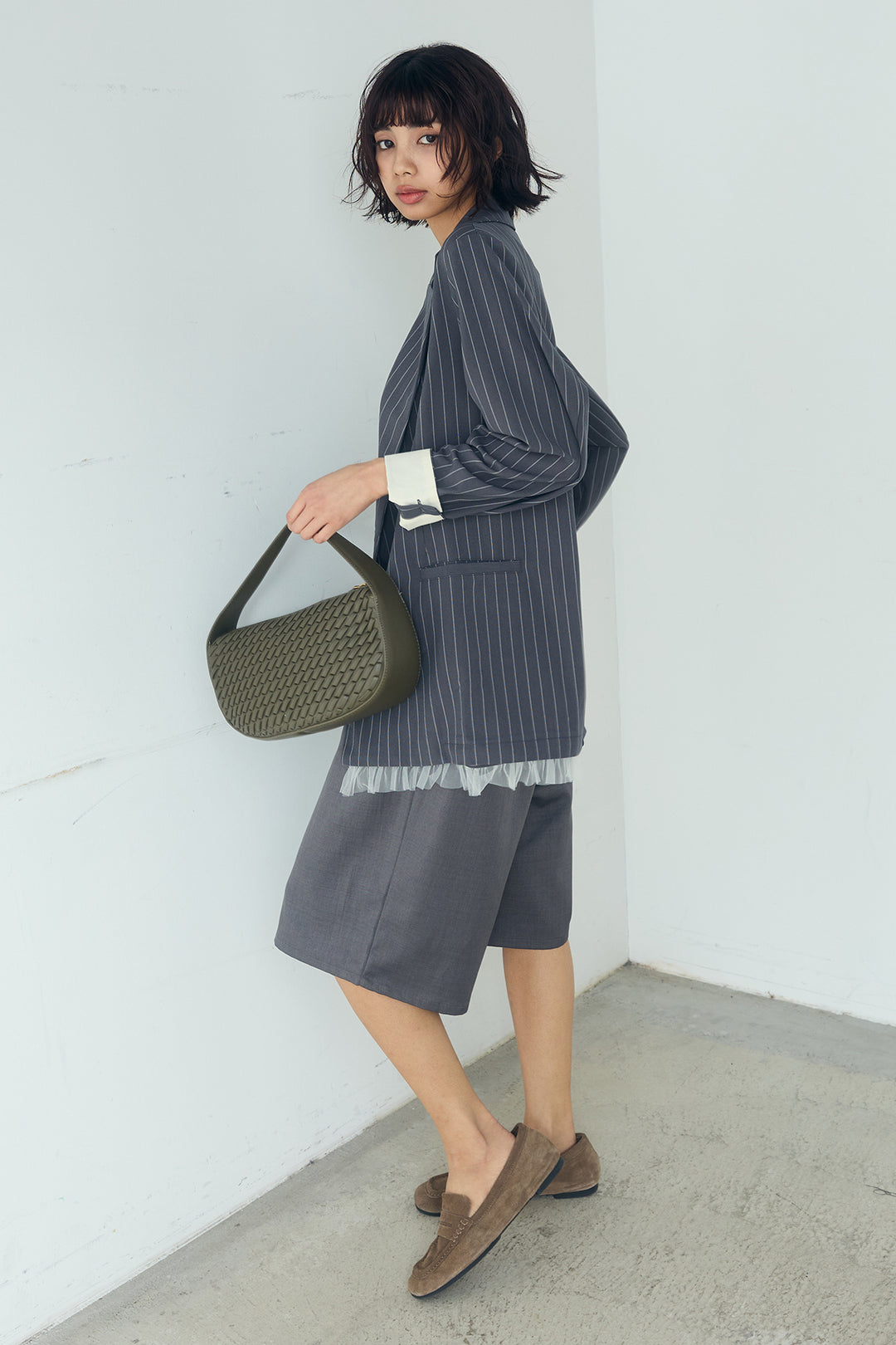 [SET]裾フリルダブルジャケット+ツイルタックハーフパンツ(2set)