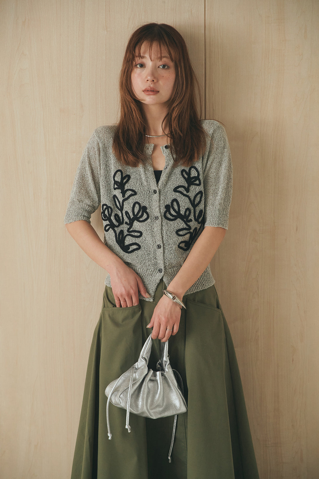 [SET]フロントテープデザイン半袖カーディガン+ミリタリーツイルタックフレアスカート(2set)