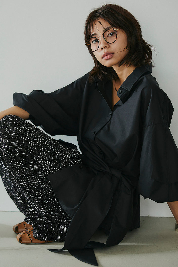 [SET]襟付き巻きデザインシャツ+シアーランダムドットラフパンツ(2set)