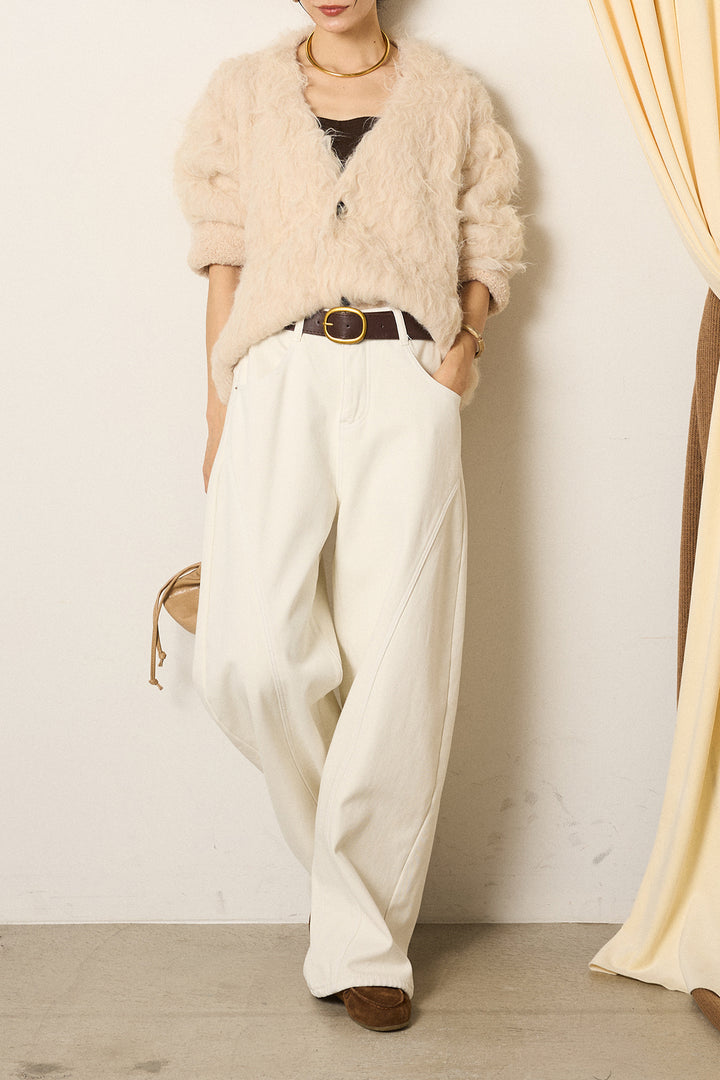[SET]起毛シャギーニットカーディガン+ベルト付きカジュアルカーブワイドパンツ(2set)