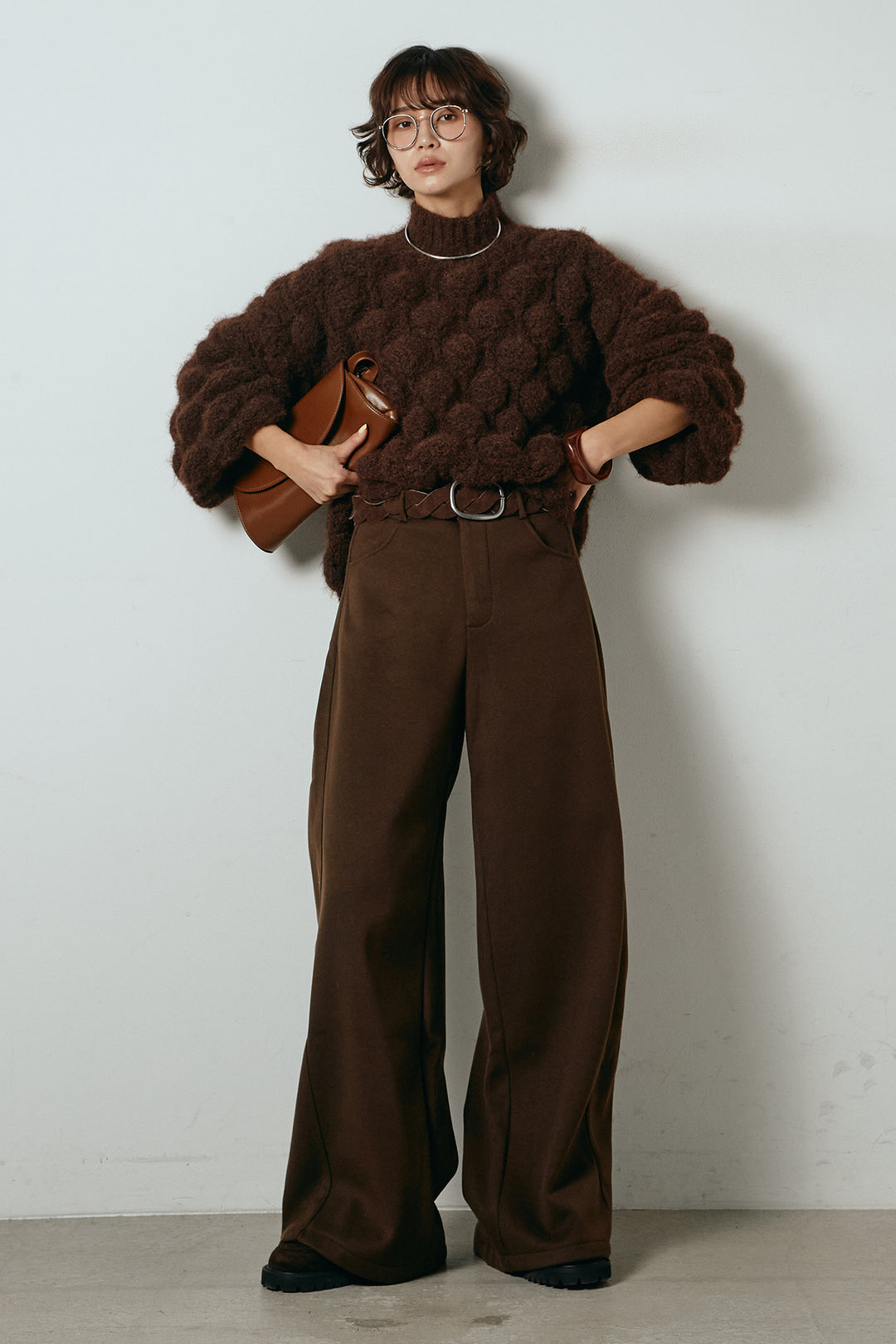 [SET]ボリュームポップコーンニットトップス+編みベルト付きワイドパンツ(2set)