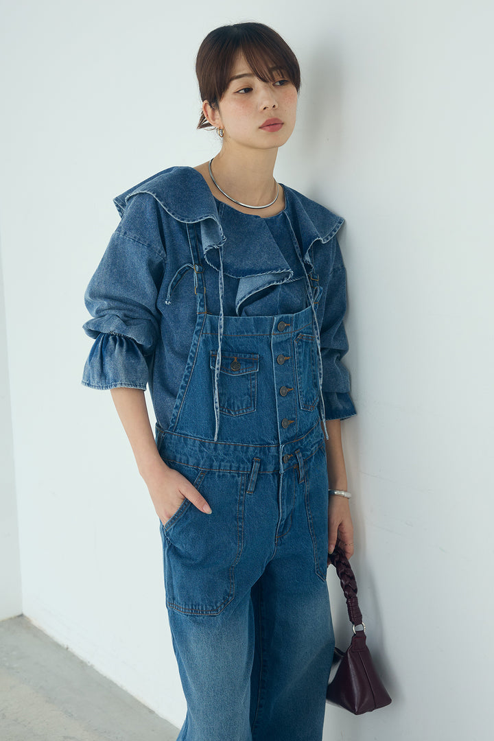 [SET]デニムフリルブラウス+デニムサロペットワイドパンツ(2set)