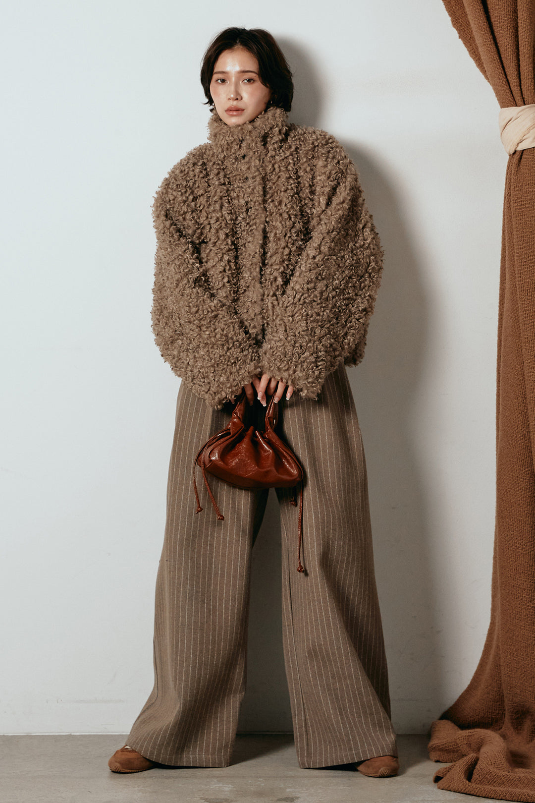 [SET]プードルファーミドルジャケット+ウールライクストライプパンツ(2set)