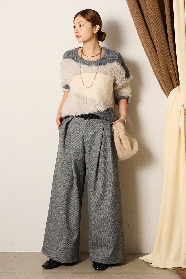 [SET]シャギーウェーブ柄クルーネックニットトップス+細ベルト付き起毛タックワイドパンツ(2set)