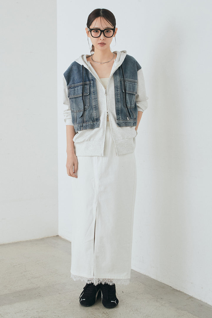 [SET]デニム切替ポンチダブルジップパーカー+裾レースデザインデニムスカート(2set)