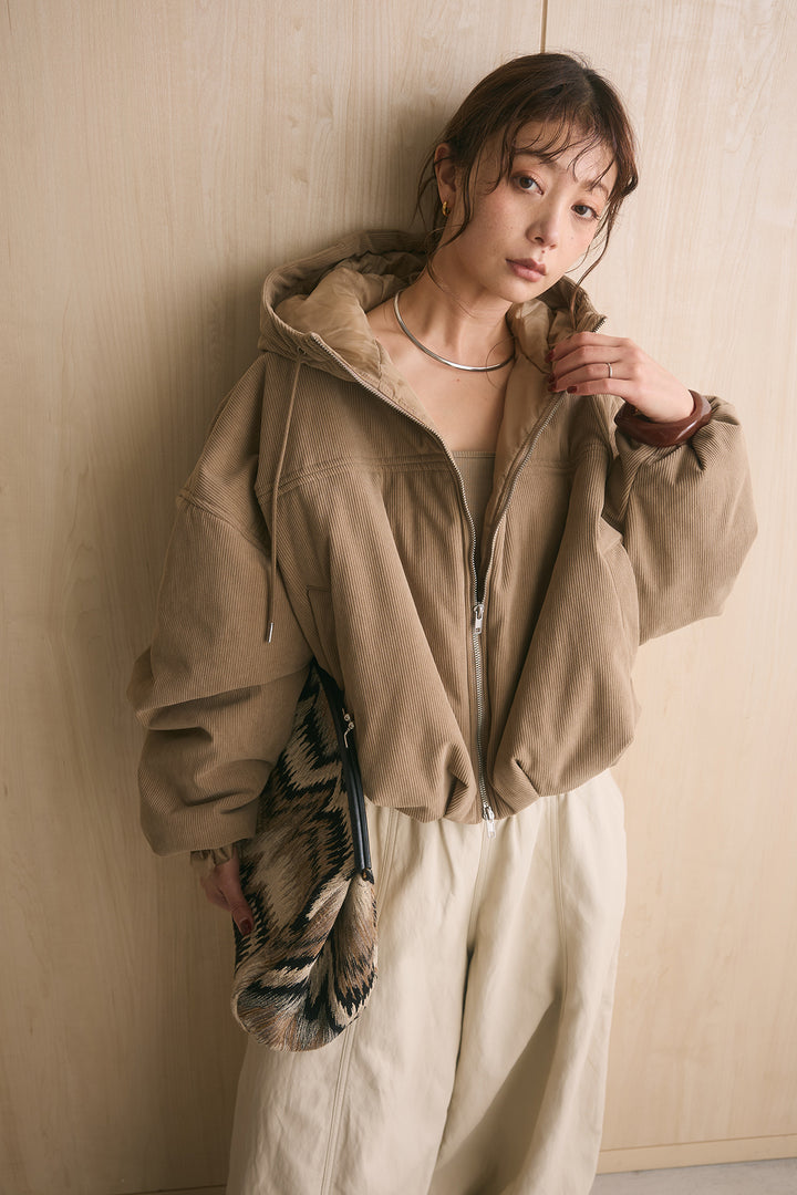 [SET]コーデュロイフーディバルーンブルゾン+フェイクレザーカーブワイドパンツ(2set)