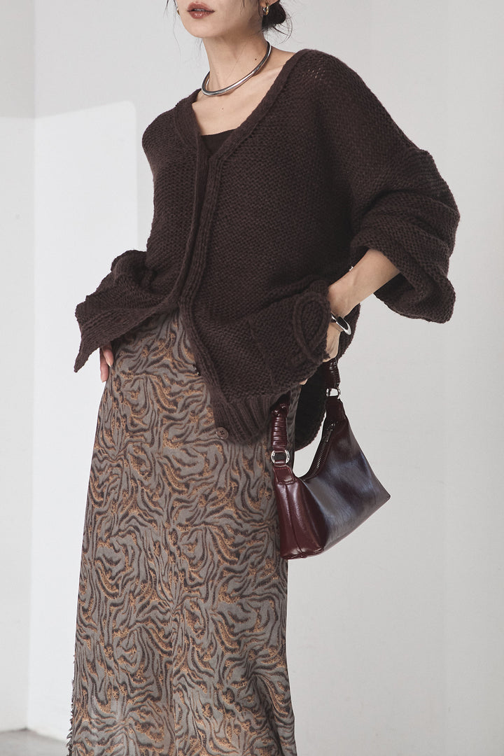 [SET]コード刺繍リラックスニットカーディガン+抽象柄ロングスカート(2set)