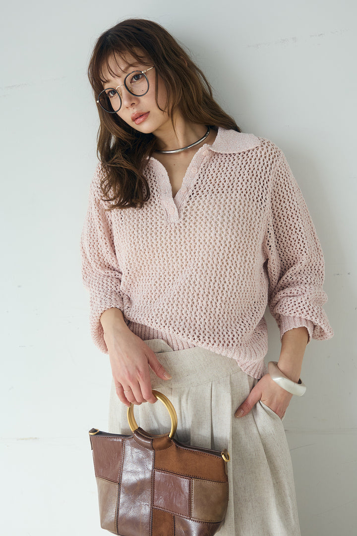 [SET]ミックスメッシュポロニット+麻混タックワイドパンツ(2set)