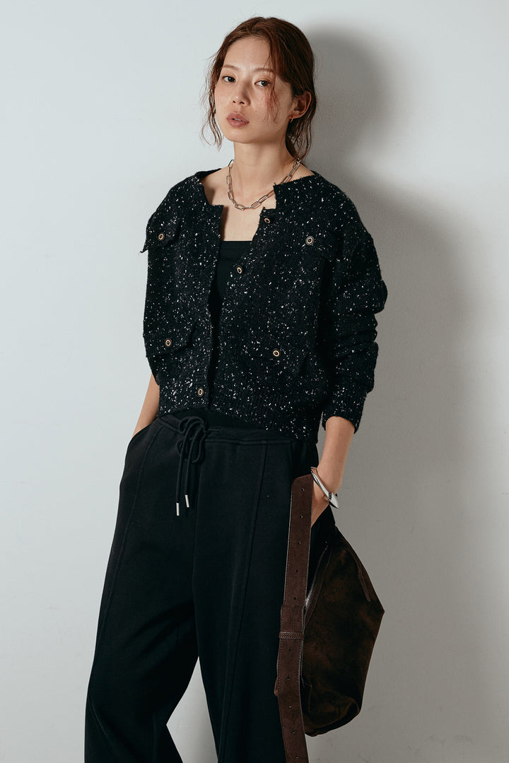 [SET]ネップニットカーディガン+スウェットワイドカーブパンツ(2set)