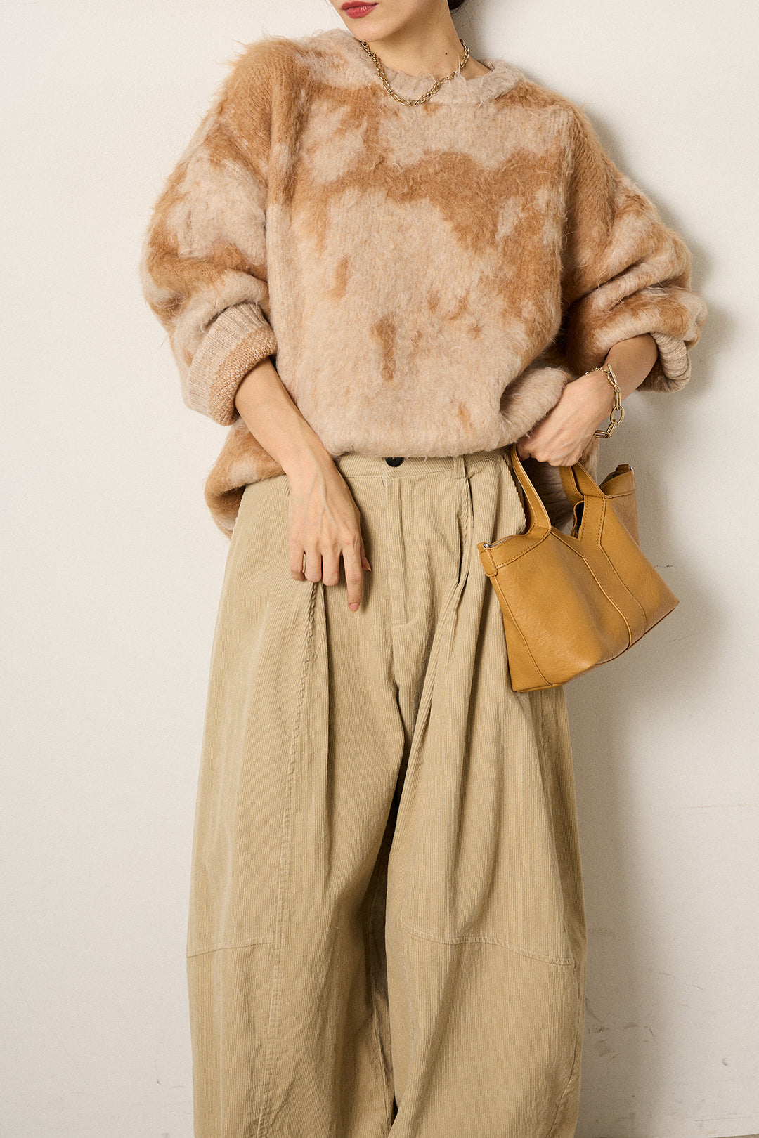[SET]モヘアタッチマーブルニット+タック入りコーデュロイワイドパンツ(2set)