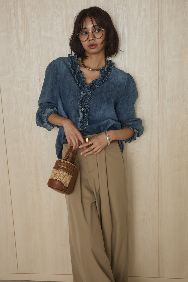 [SET]Vネックデニムフリルトップス+ベルトループデザインハイウエストタックパンツ(2set)