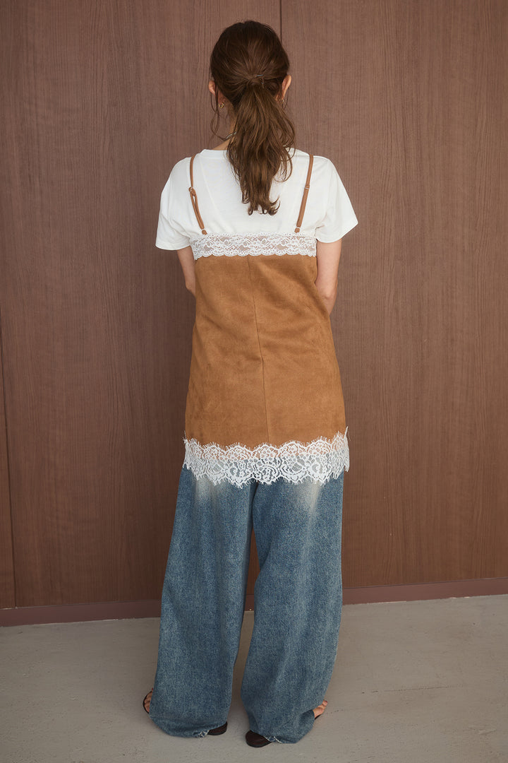 [SET]半袖ロゴプリントTシャツ+スエードレースキャミチュニック+ダメージバレルデニム(3set)