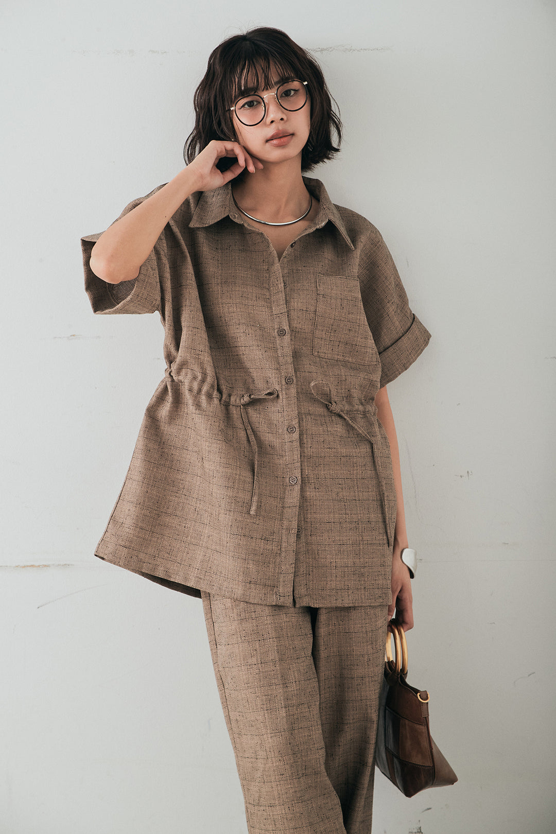[SET]ツイードウエストドロストシャツ+ツイードタックパンツ(2set)