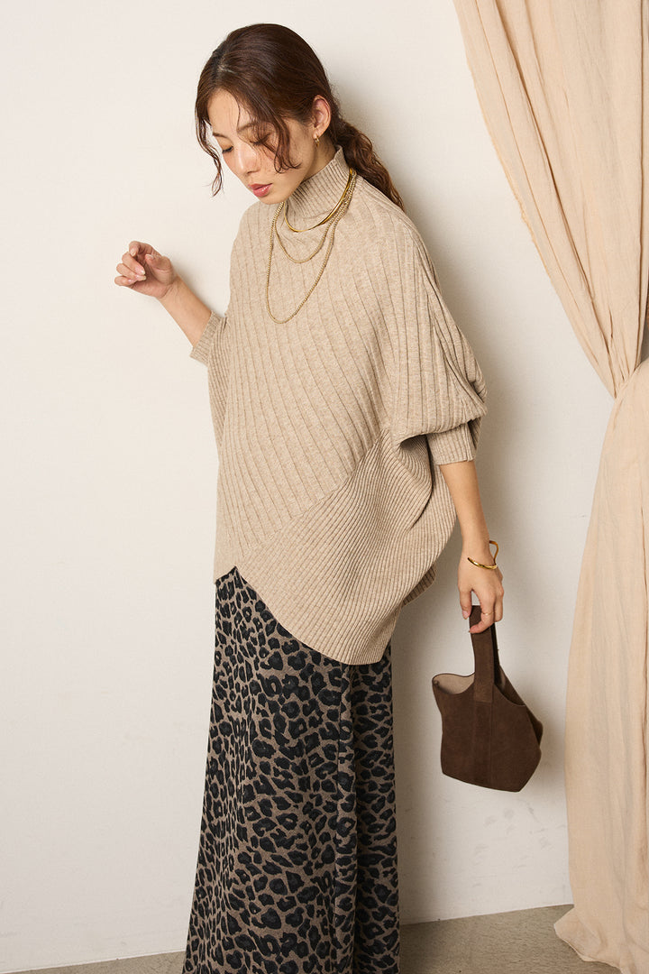 [SET]アシメデザインリブポンチョニットトップス+レオパードロングスカート(2set)