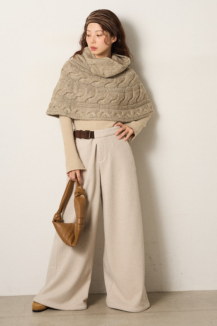 [SET]ケーブル編みケープレイヤードニット+サイドベルトパンツ(2set)