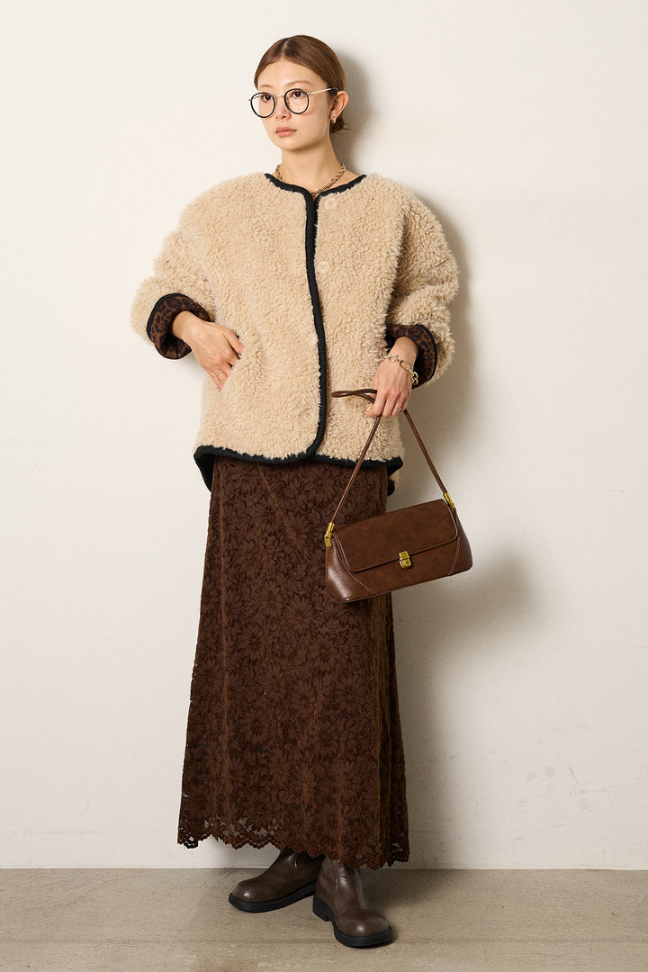 [SET]ノーカラー裏地レオパードボアアウター+花柄刺繍ベロアフレアスカート(2set)