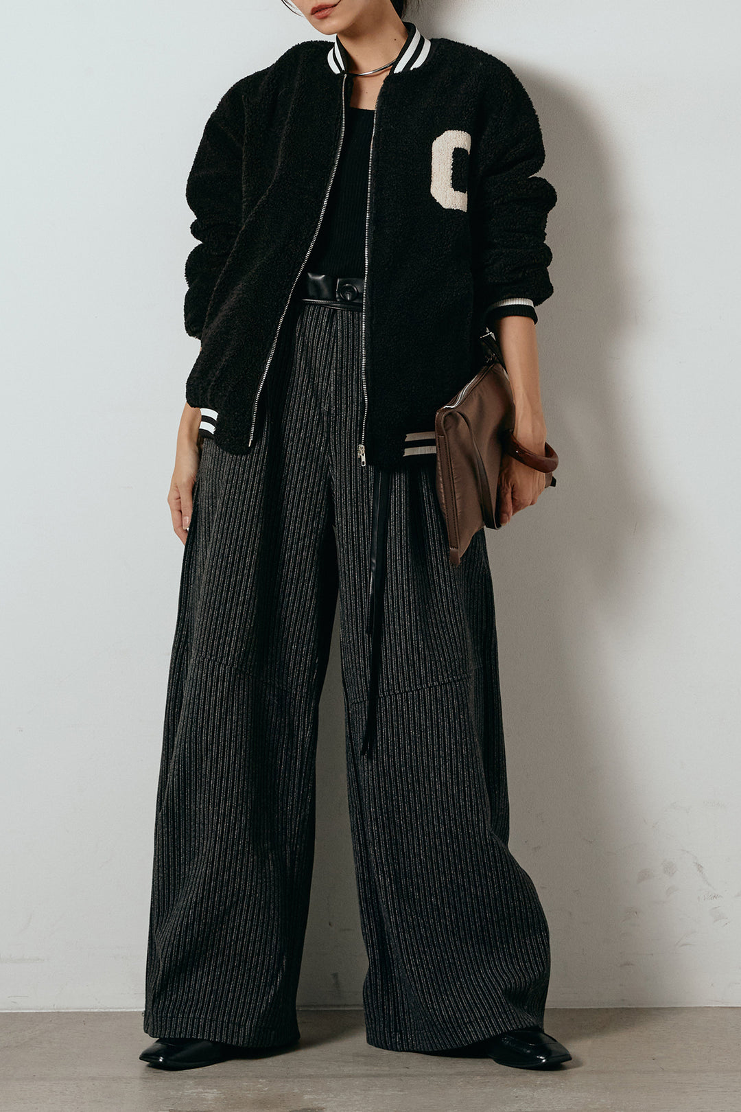 [SET]ロゴスタジャンボアブルゾン+レザーライク配色ストライプパンツ(2set)