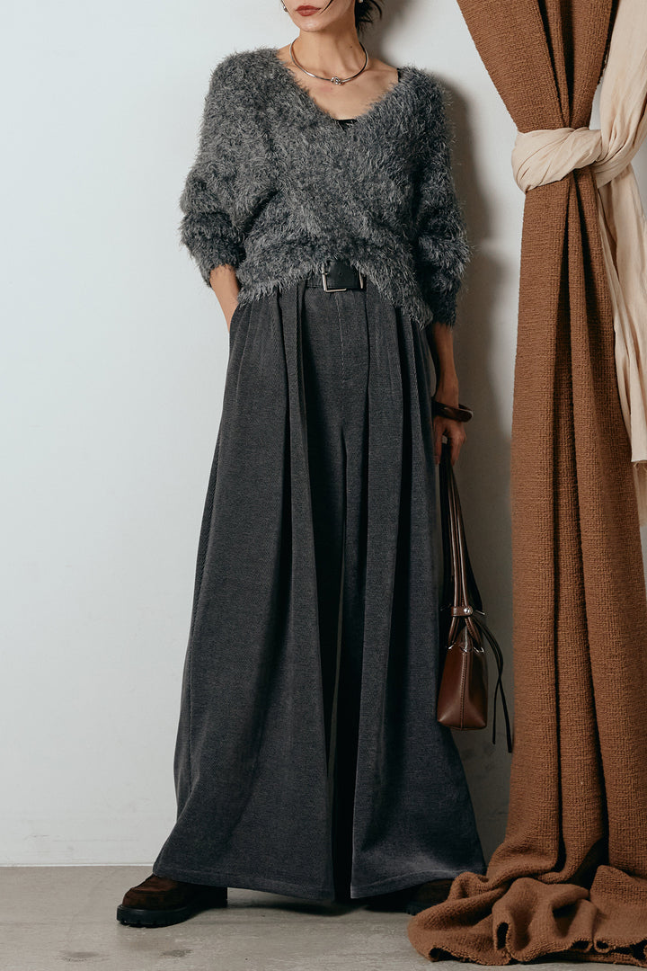 [SET]シャギークロスニットトップス+ベルトループコーデュロイワイドパンツ(2set)