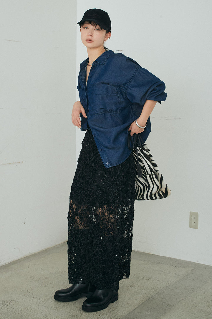 [SET]テンセルデニムシャツ+ラメ刺繍デザインスカート(2set)