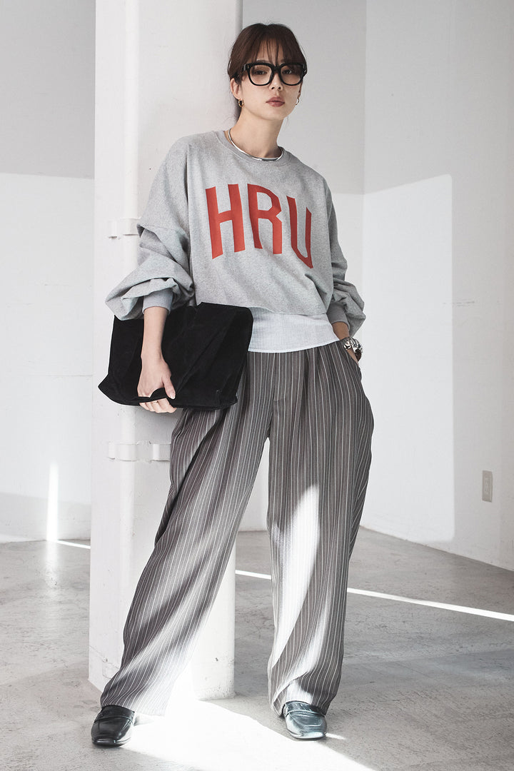 [SET]ビッグロゴHRU袖ボリュームトップス+ヘリンボーンストライプツータックパンツ(2set)