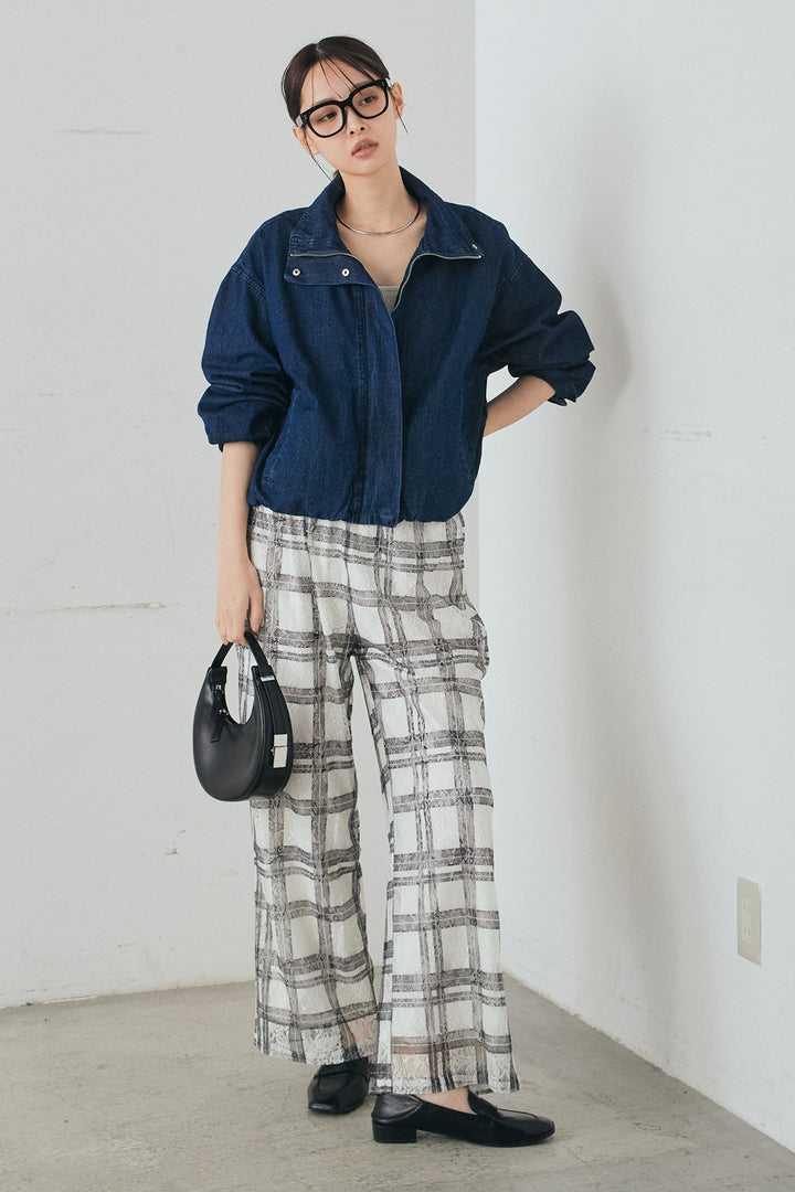 [SET]スタンドカラーデニムブルゾンジャケット+レースチェックワイドイージーパンツ(2set)