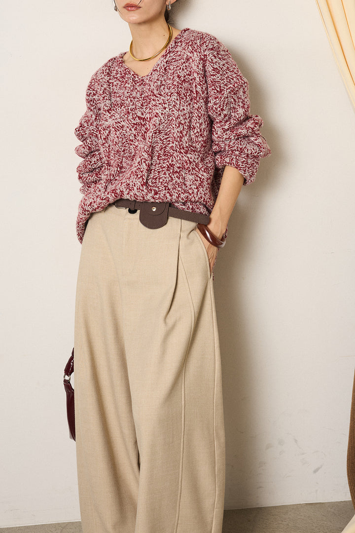 [SET]Vネックミックス編みニットトップス+ポーチベルト付きカーブパンツ(2set)