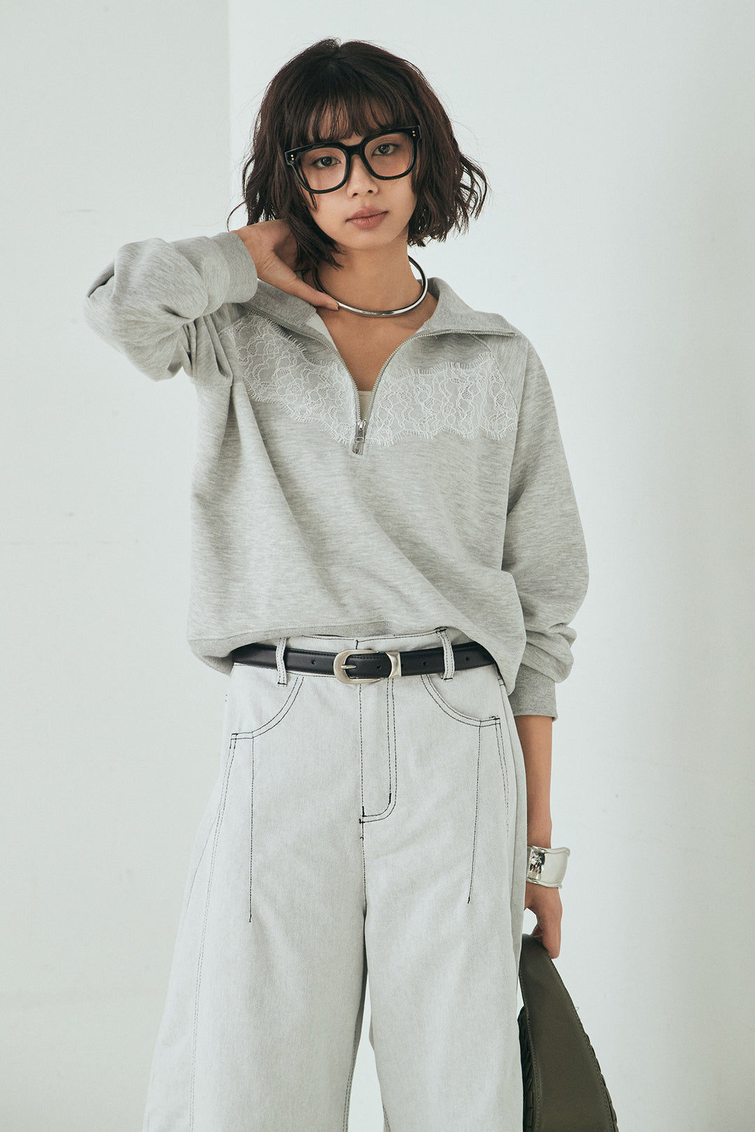 [SET]リバーレースハーフジップ裏毛スウェット+ツイル配色ステッチバレルパンツ(2set)