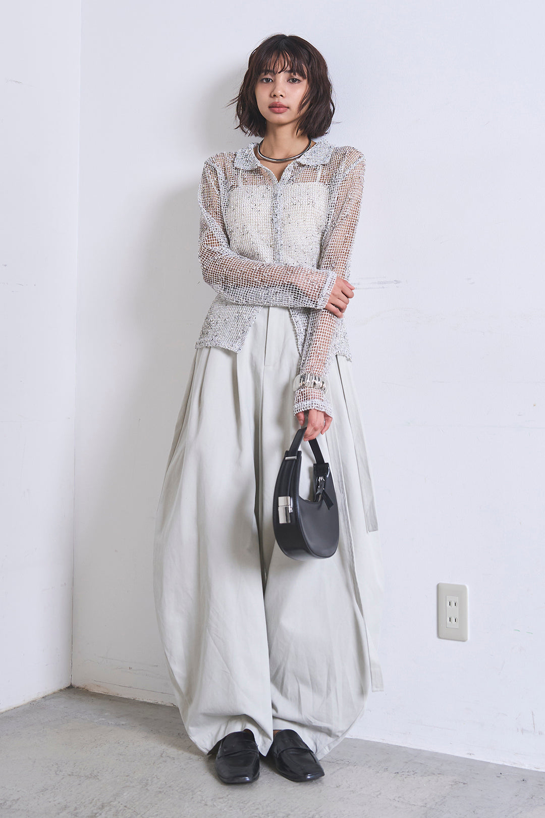 [SET]ネップメッシュポロ襟カーディガン+紐ベルト付きカーブワイドパンツ(2set)