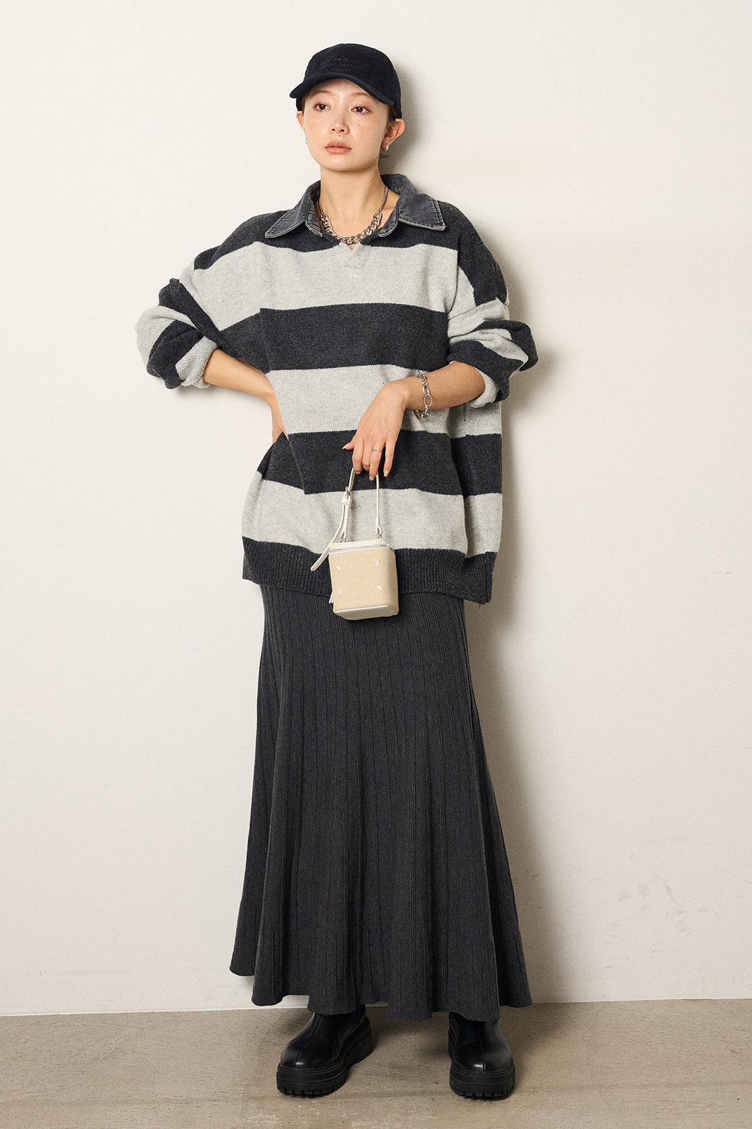 [SET]デニムカラーボーダールーズニット+編み地切り替えフレアニットスカート(2set)