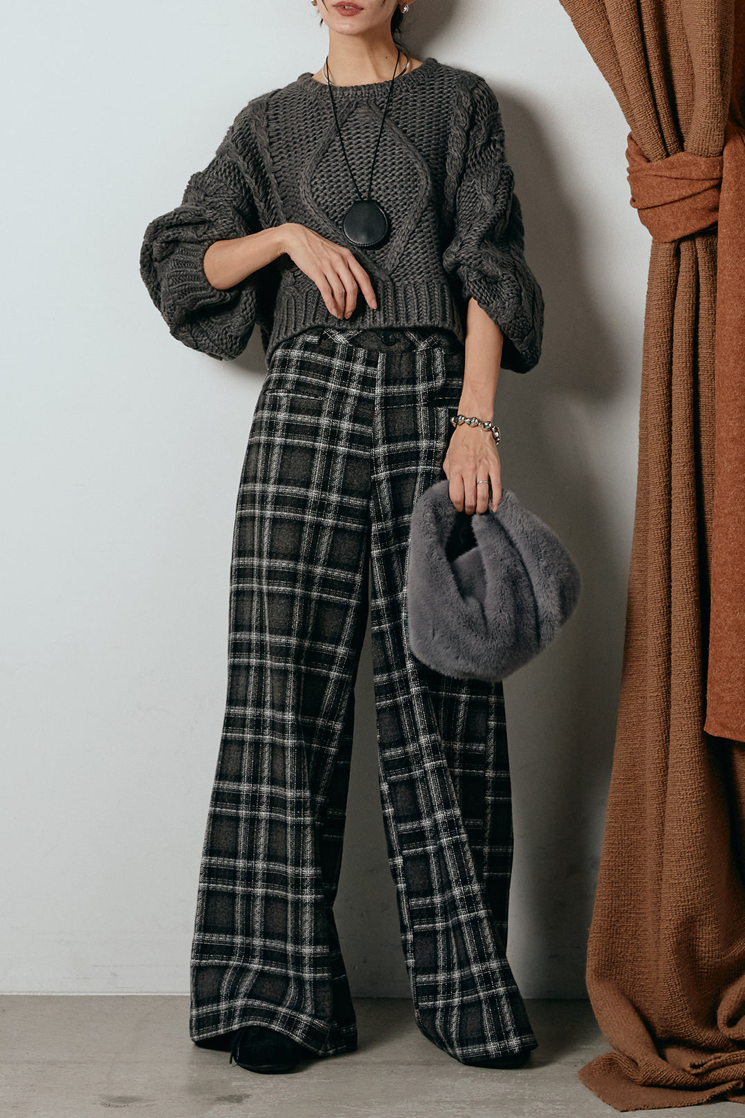 [SET]ロービングケーブルショート丈プルオーバー+ルーズタータンチェックワイドパンツ(2set)