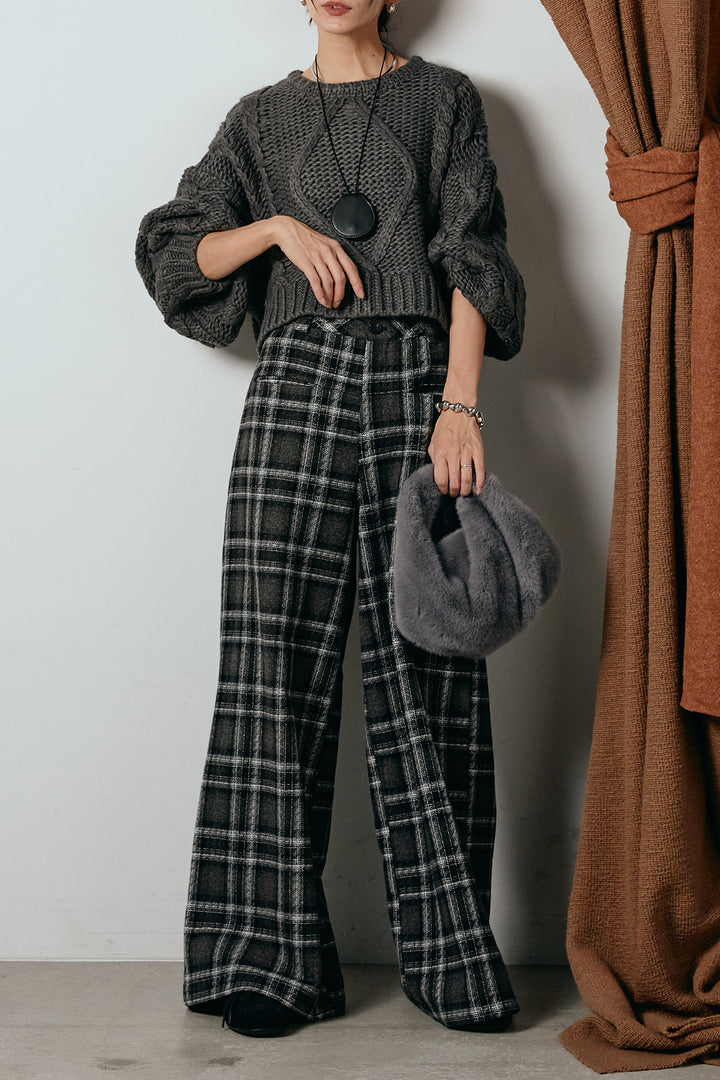 [SET]ロービングケーブルショート丈プルオーバー+ルーズタータンチェックワイドパンツ(2set)