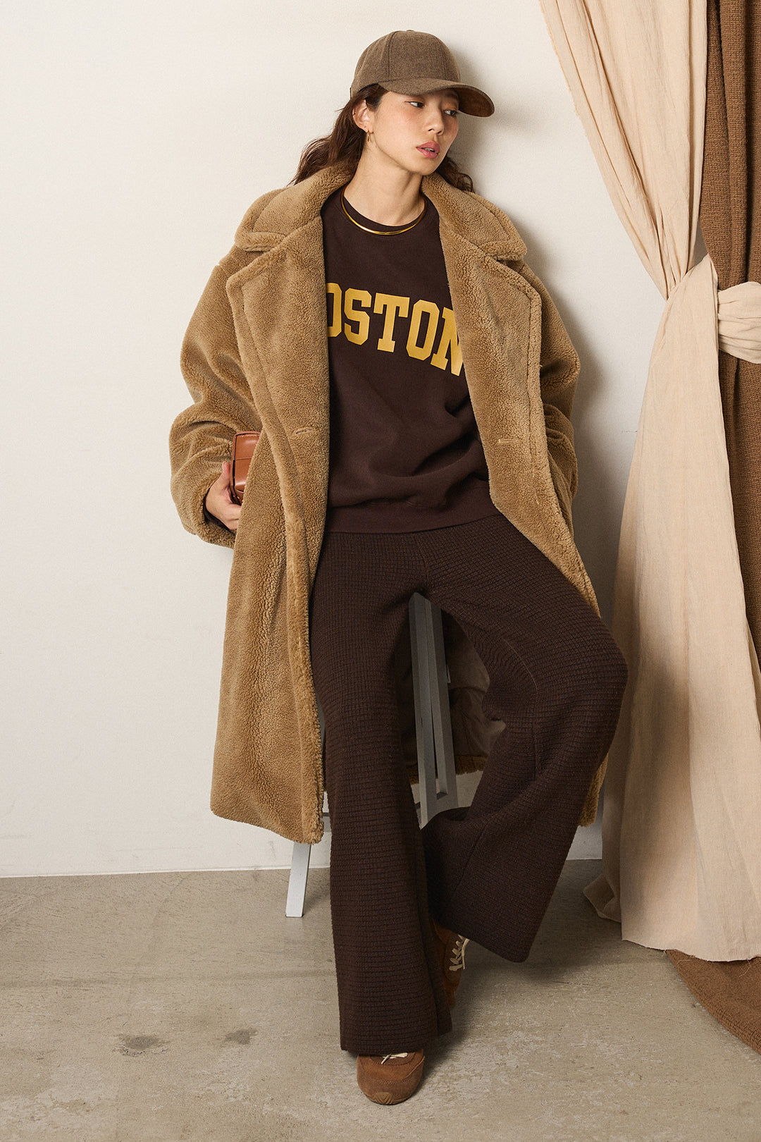 [SET]テディボアロングコート+ロゴデザインルーズスウェット+ワイドリブニットイージーパンツ(3set)