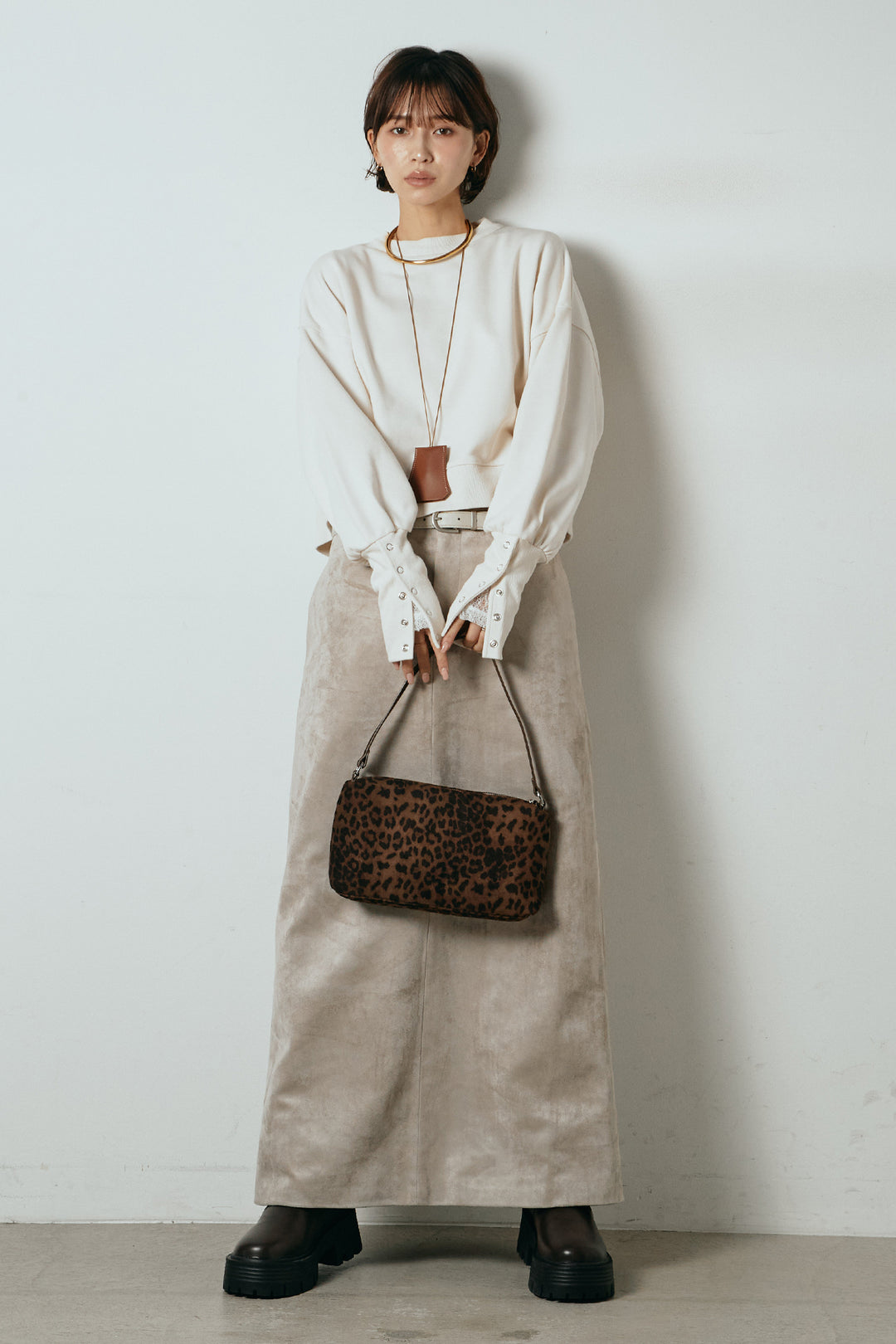 [SET]裏毛バックオープンプルオーバー+エコスウェードワイドスカート(2set)