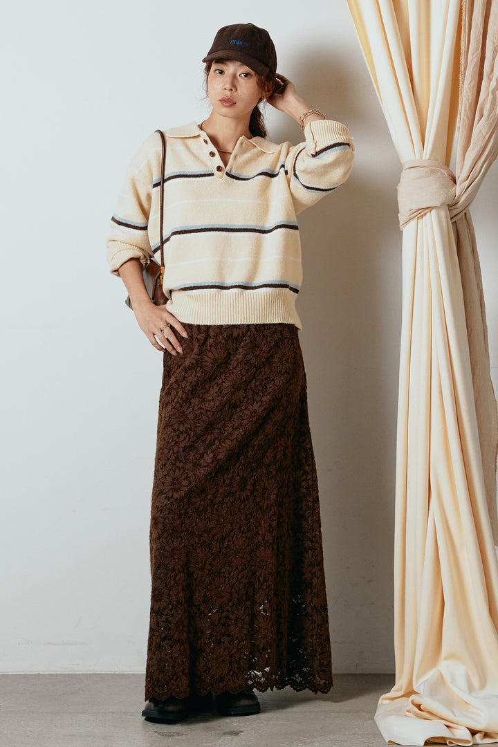 [SET]襟付きマルチボーダーニットポロトップス+花柄刺繍ベロアフレアスカート(2set)