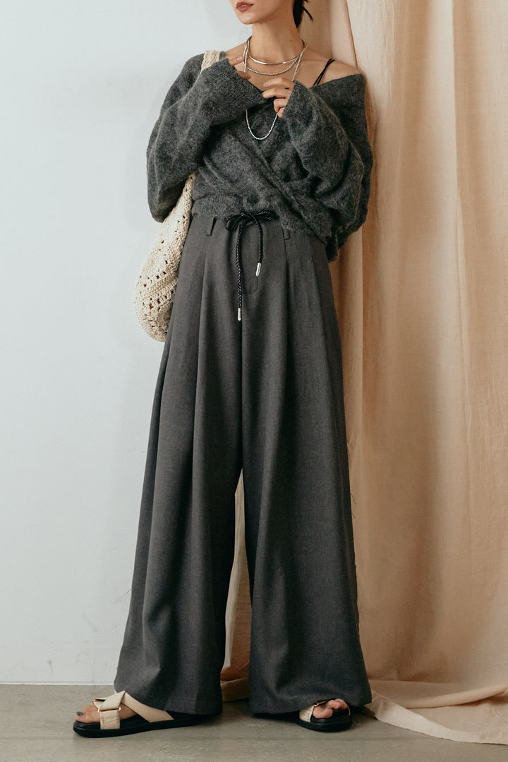 [SET]カシュクールデザインニット+細ベルト付きワイドパンツ(2set)