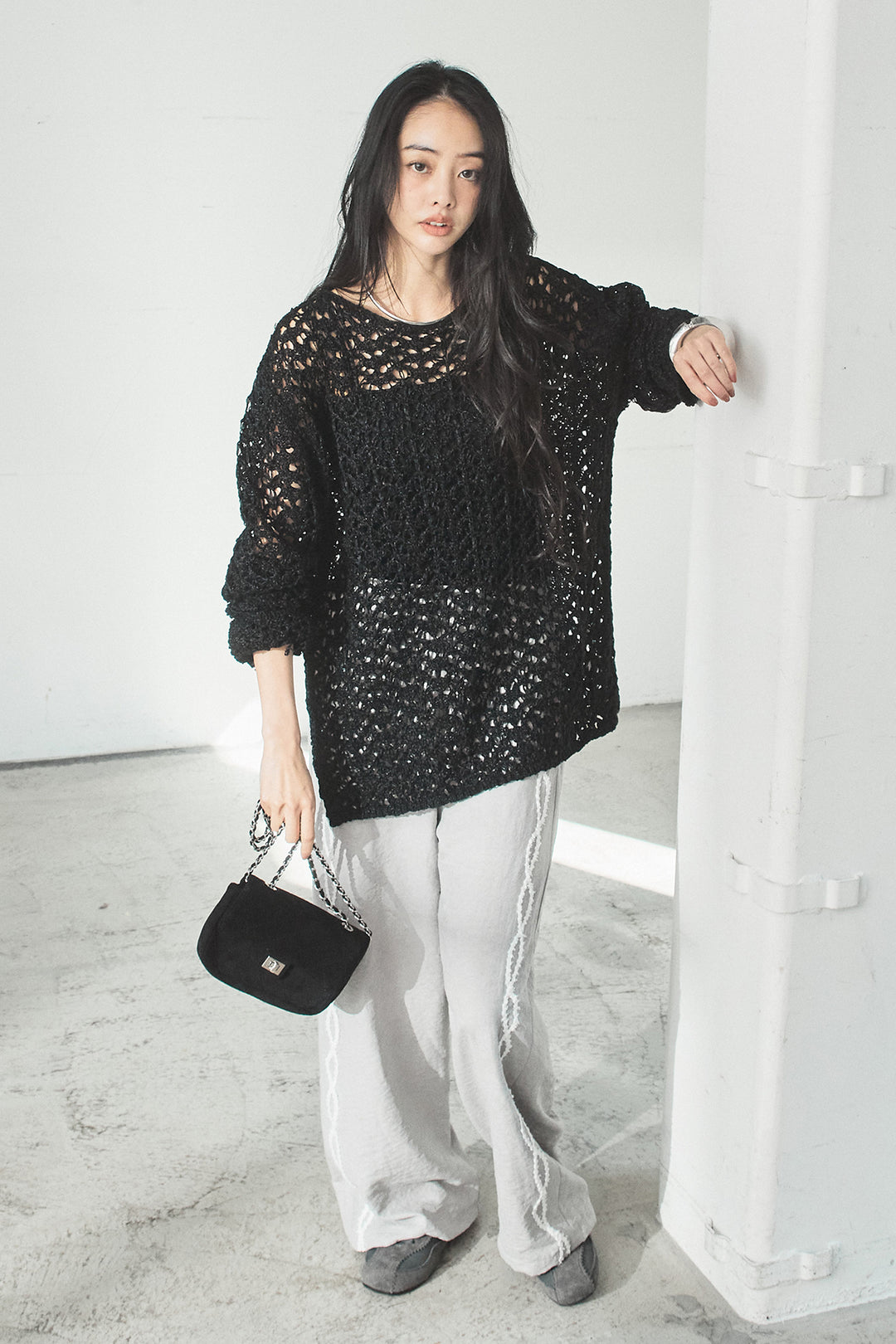 [SET]リラックスメッシュニットトップス+刺繡テープラインパンツ(2set)