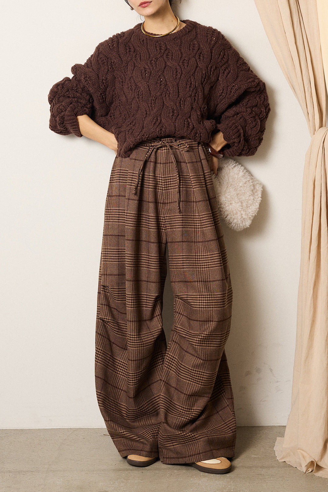 [SET]ケーブルリラックスショートニット+グレンチェックルーズタックパンツ(2set)