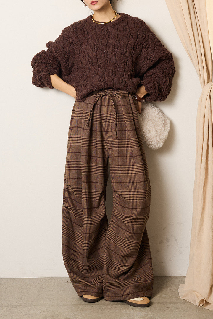 [SET]ケーブルリラックスショートニット+グレンチェックルーズタックパンツ(2set)
