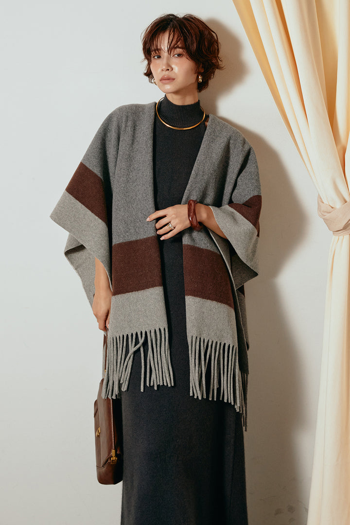 [SET]裾フリンジ柄ポンチョアウター+ノースリーブニットロングワンピース(2set)