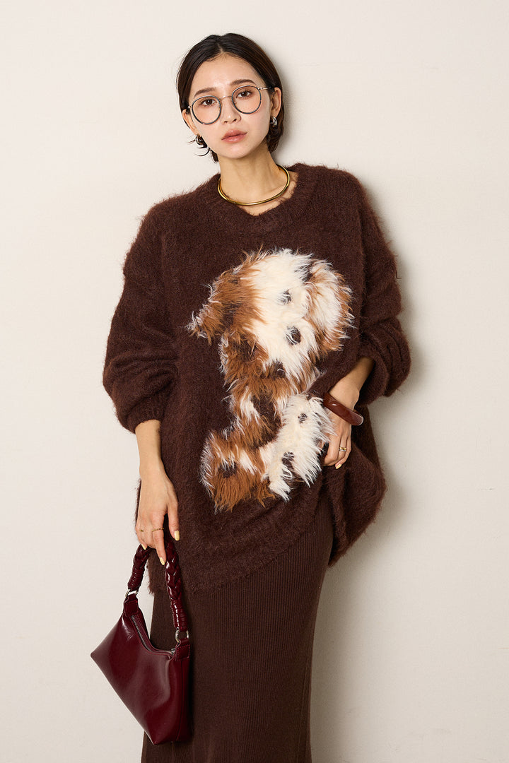 [SET]シャギーニュアンスアニマルニット+リブナローニットスカート(2set)