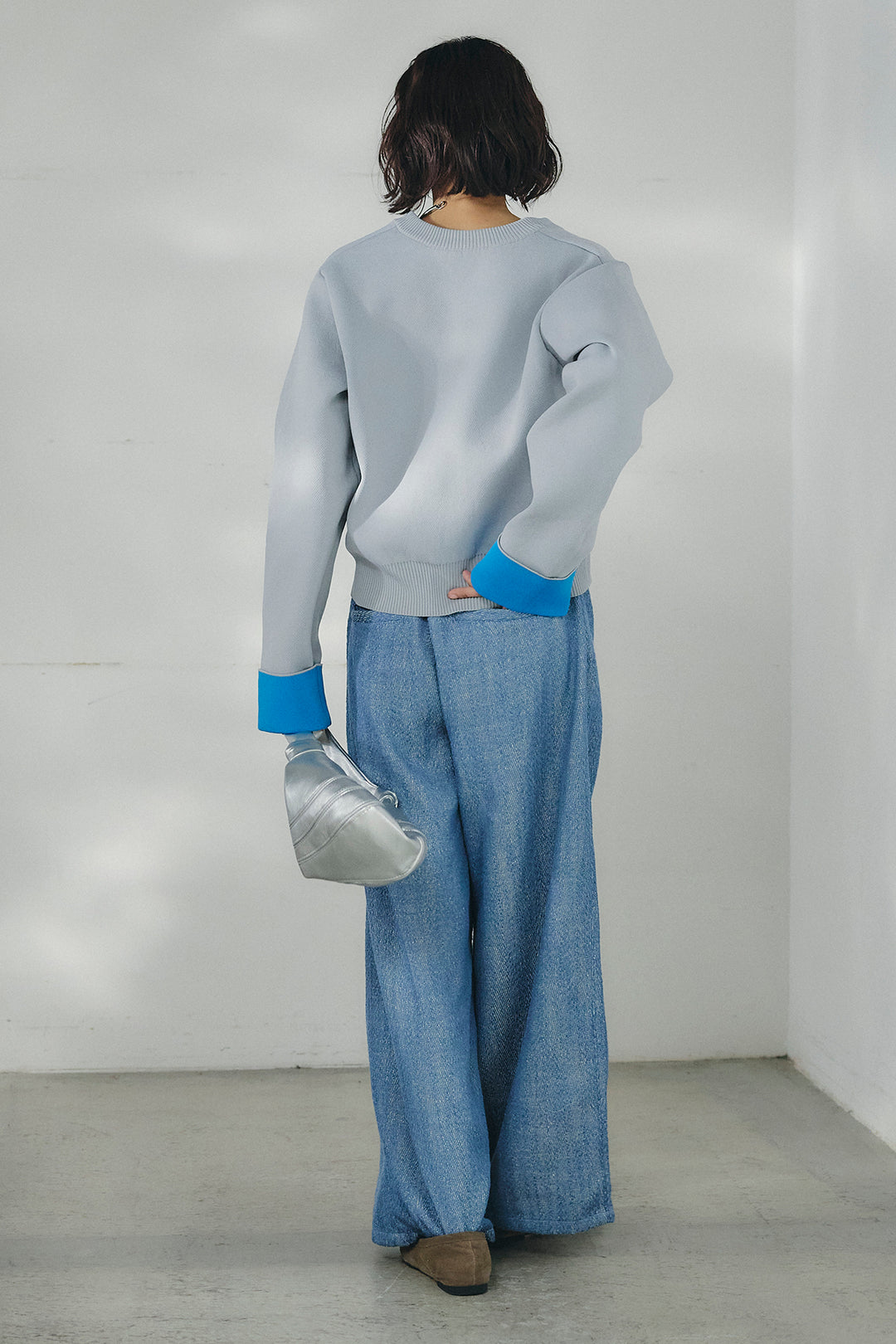 [SET]リバーシブル配色ニットカーディガン+デニムライクヘリンボーンタックパンツ(2set)