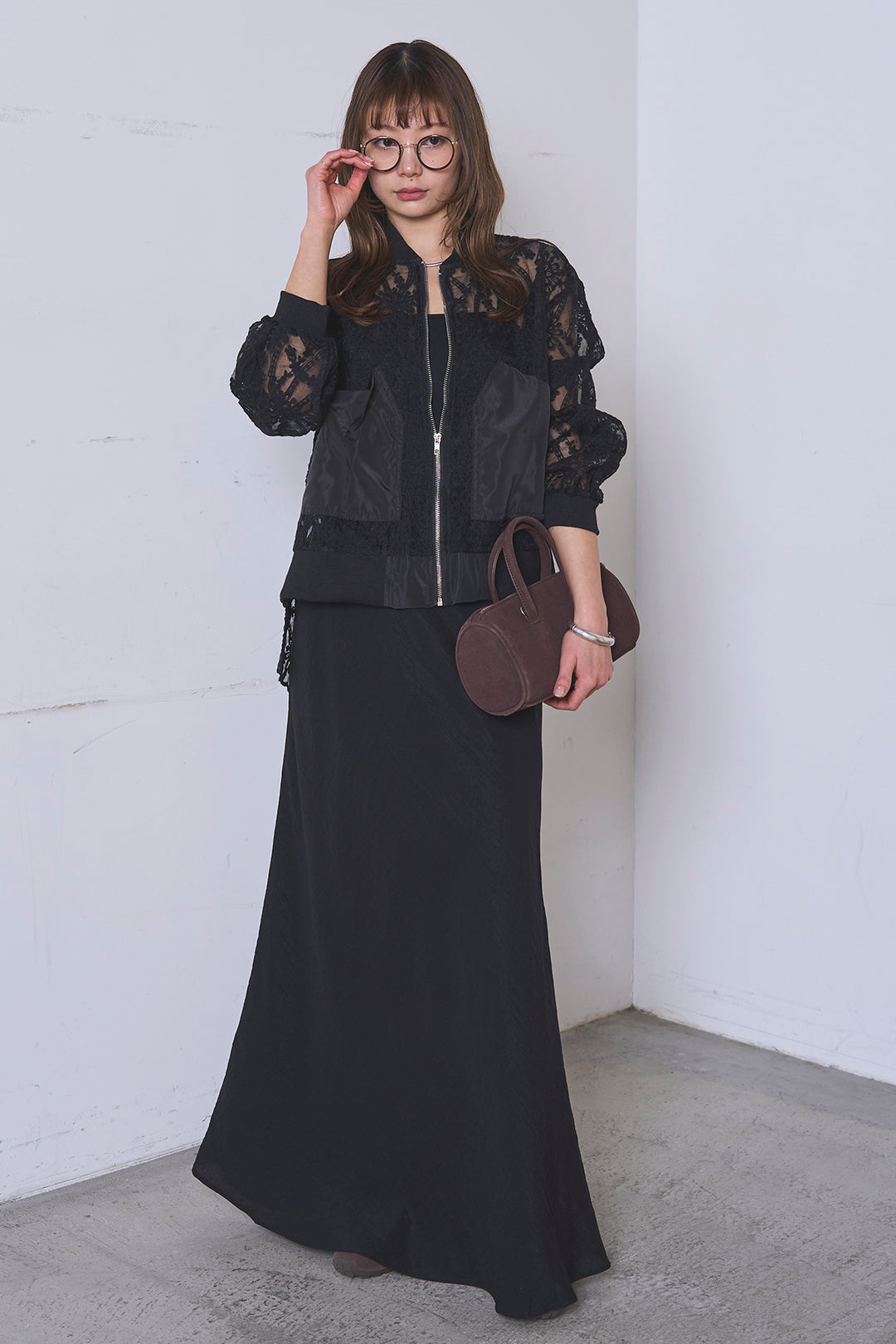 [SET]ノーカラーレースブルゾン+リネンブレンドロングナロースカート(2set)
