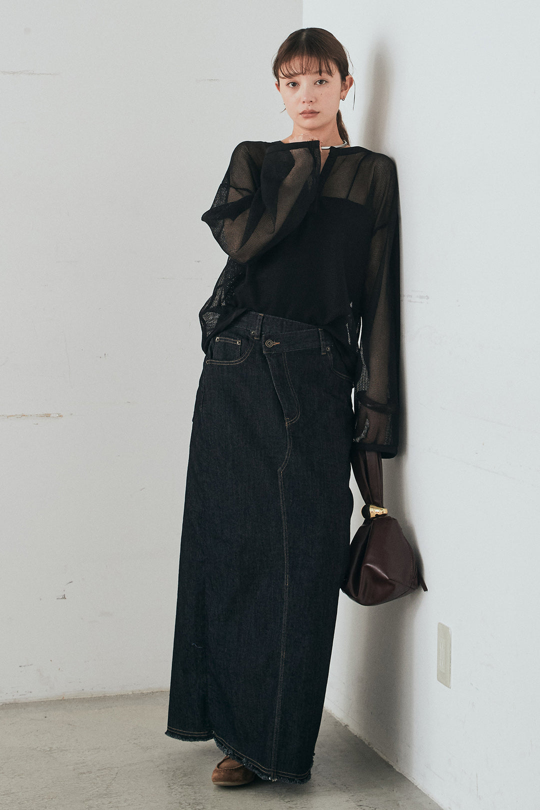 [SET]メッシュカットソースキッパープルオーバー+ウエストクロスデニムタイトスカート(2set)