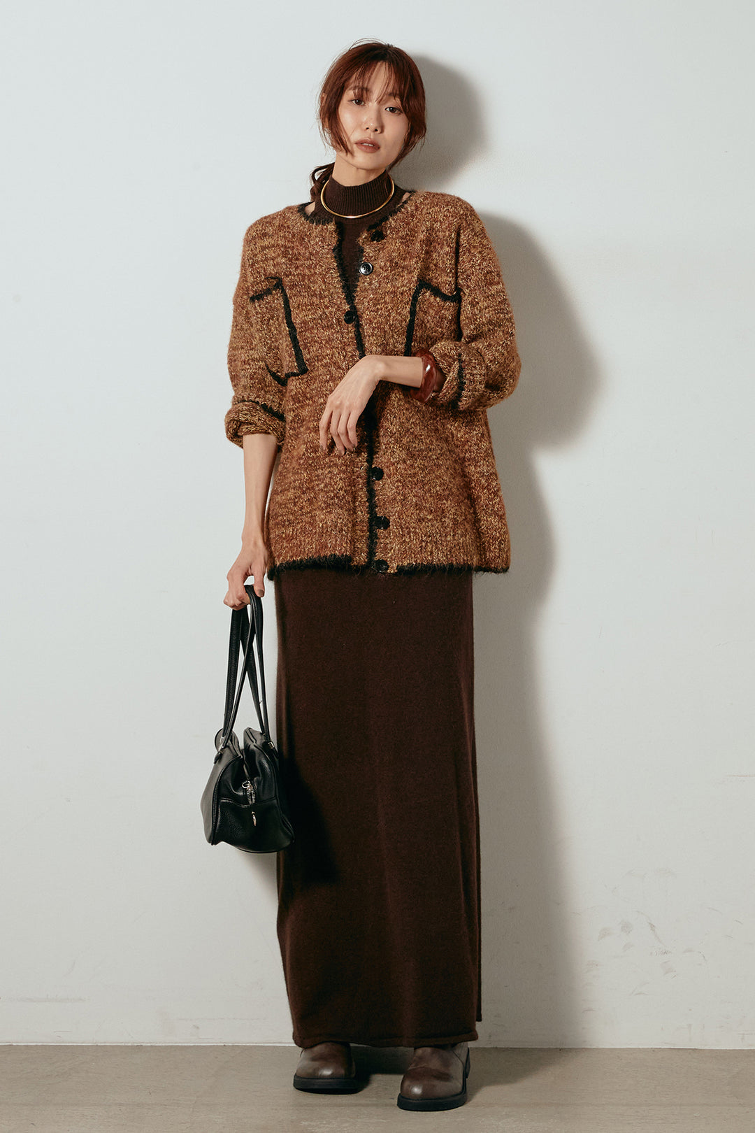 [SET]ミックスニットポケットカーディガン+ノースリーブニットロングワンピース(2set)